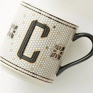 NIB Anthropologie Tiled Margot Monogram Letter C Coffee Mug Mosaic Black White